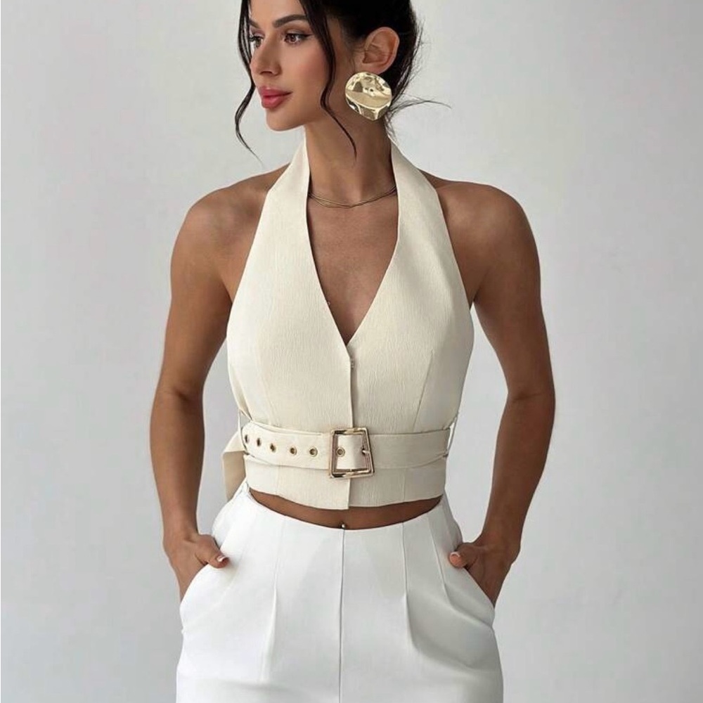 Shein Cream Halter Belted Crop Top